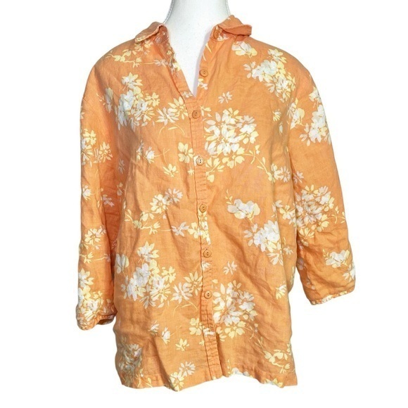 Tops - Relativity Floral Orange Linen Button-Up Shirt